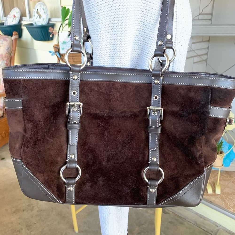Coach Dark Brown Suede Bag with Leather Trim